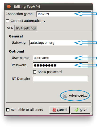 In Connection name enter TopVPNFor Gateway enter one of our server address. Check out 
