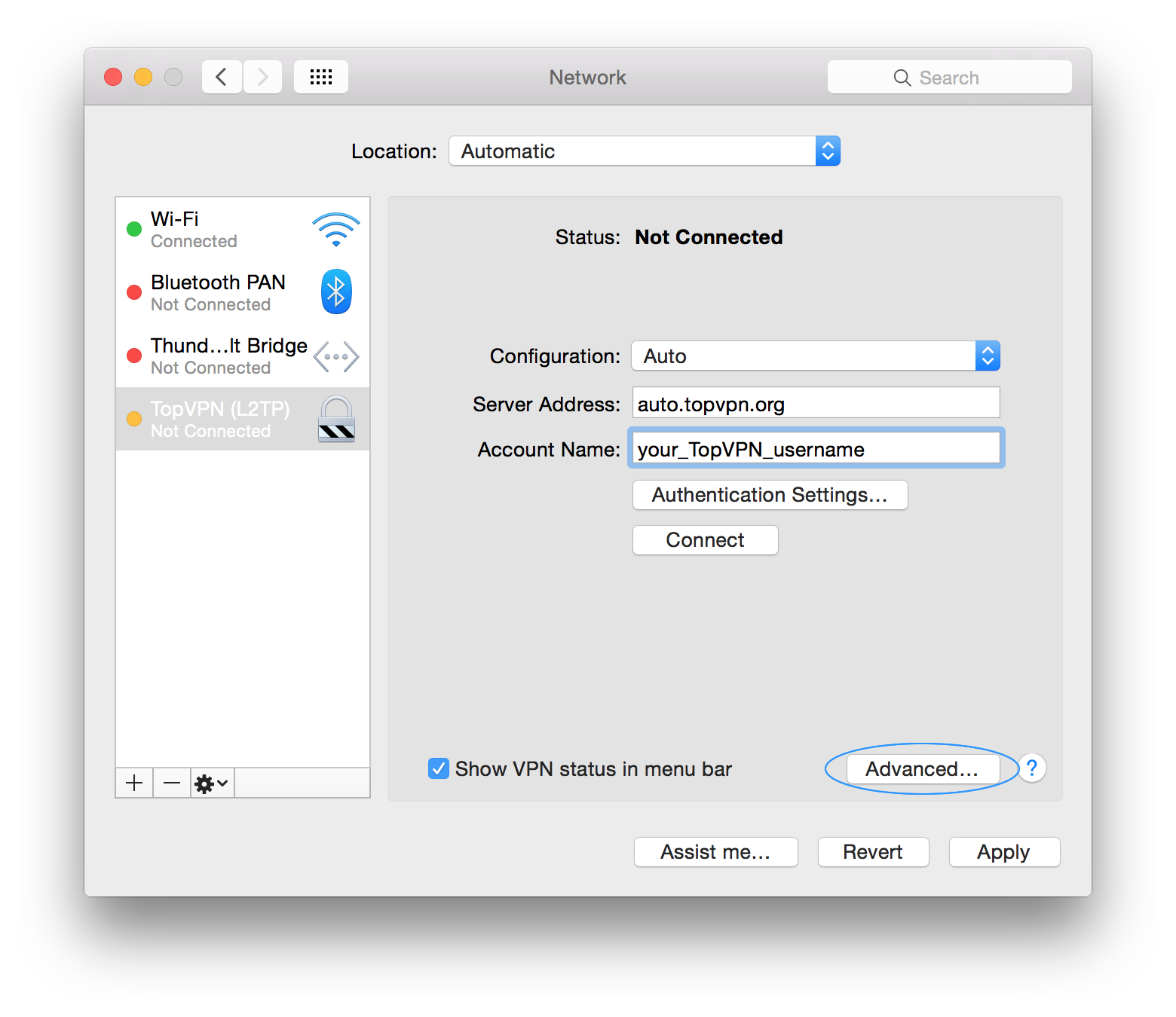 Next, we'll need to adjust some of the advanced VPN settings. To do that, first click the Advanced... button. See the screen below for its location.