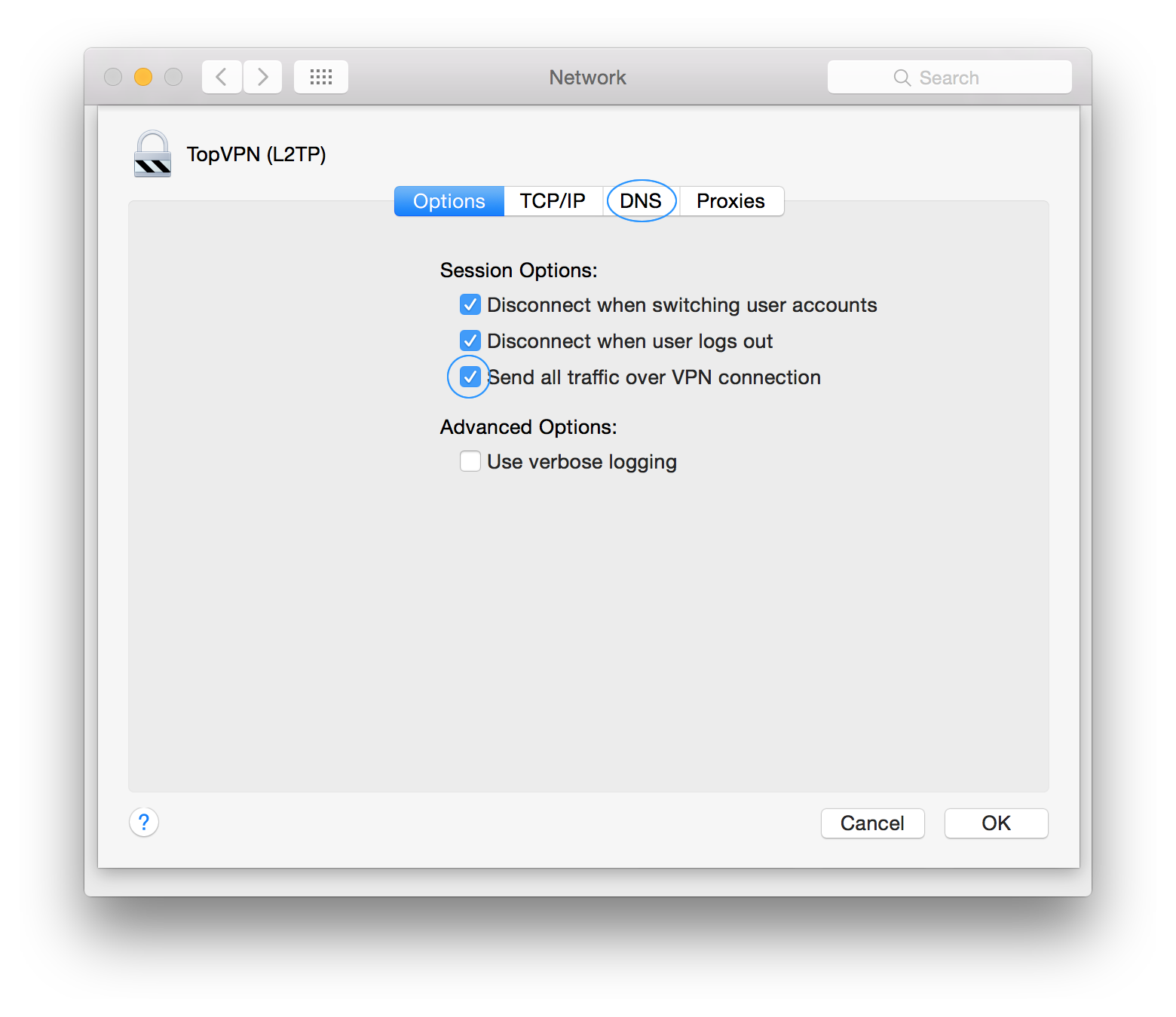 For the VPN to work effectively, the Send all traffic over VPN connection checkbox should be marked. Make sure the checkbox is checked. Click the DNS tab from the advanced settings menu.