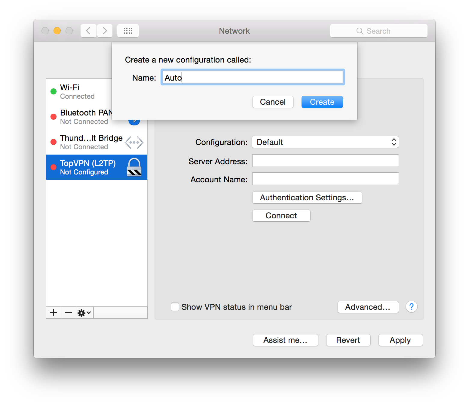 In the next window, enter TopVPN for the configuration name. Then click Create.