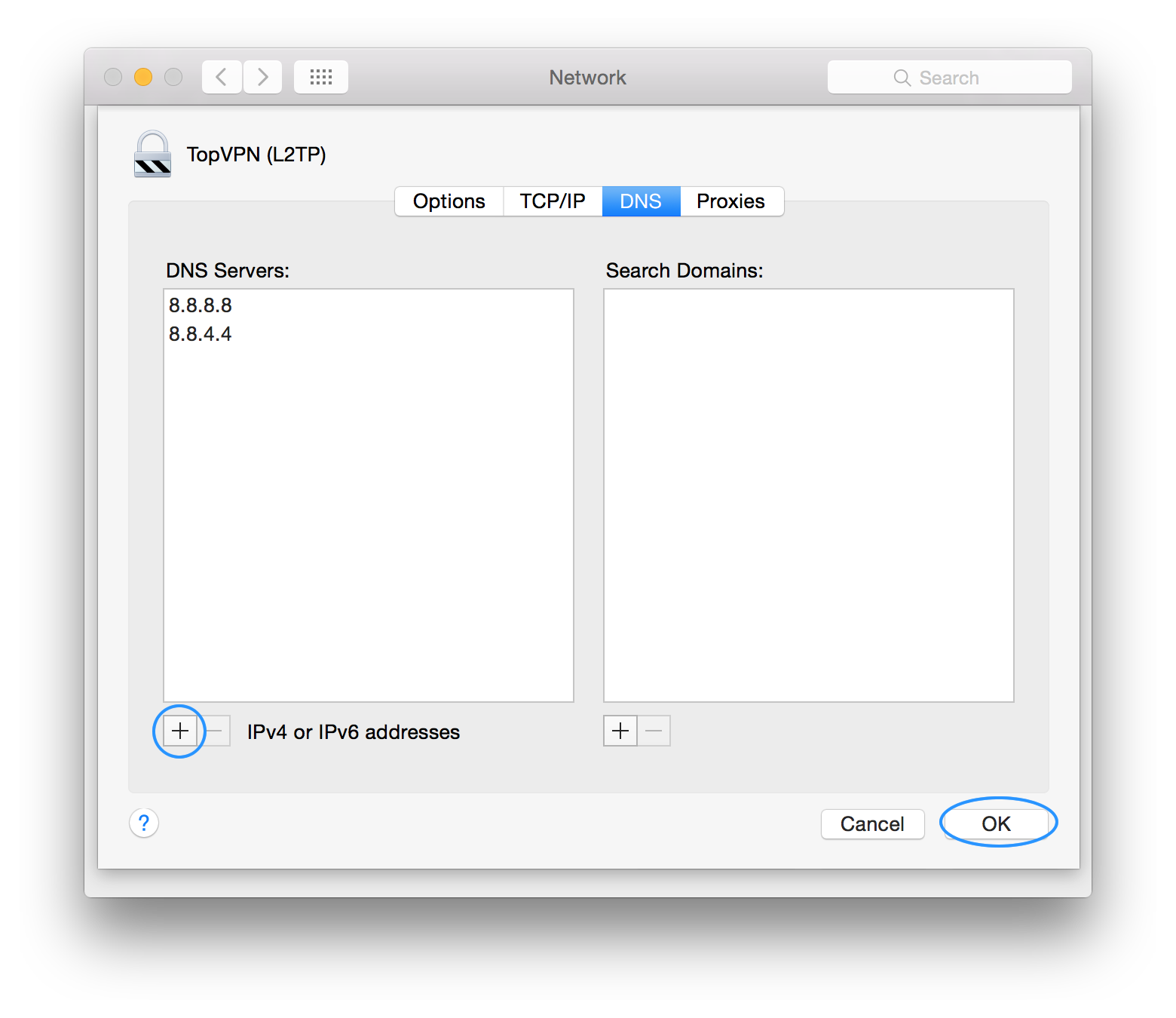 Click on the + in the bottom left corner and add the folowing DNS servers 8.8.8.8 and 8.8.4.4 this will bypass any DNS blockades from your ISP. After adding them click OK