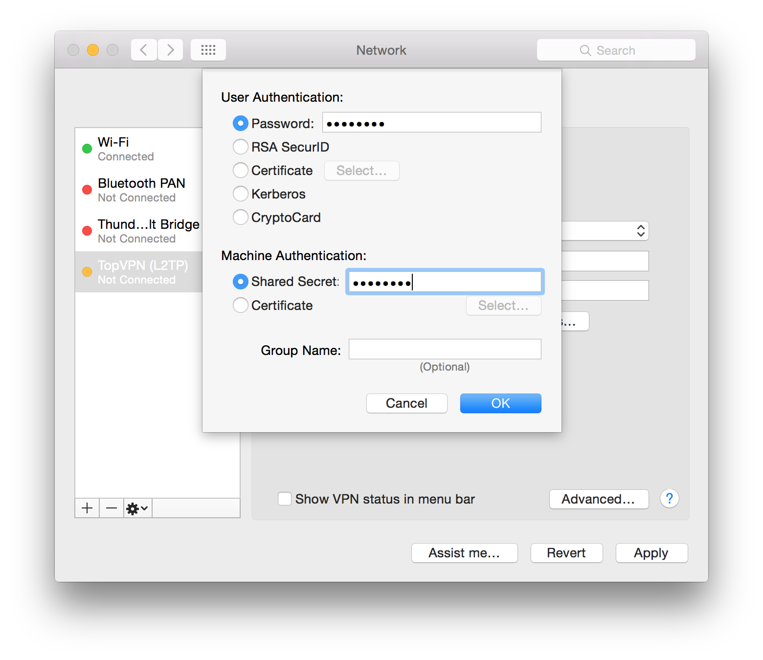 In this window tick the Password field and enter your TopVPN account password. Then add our preshared secret key: 