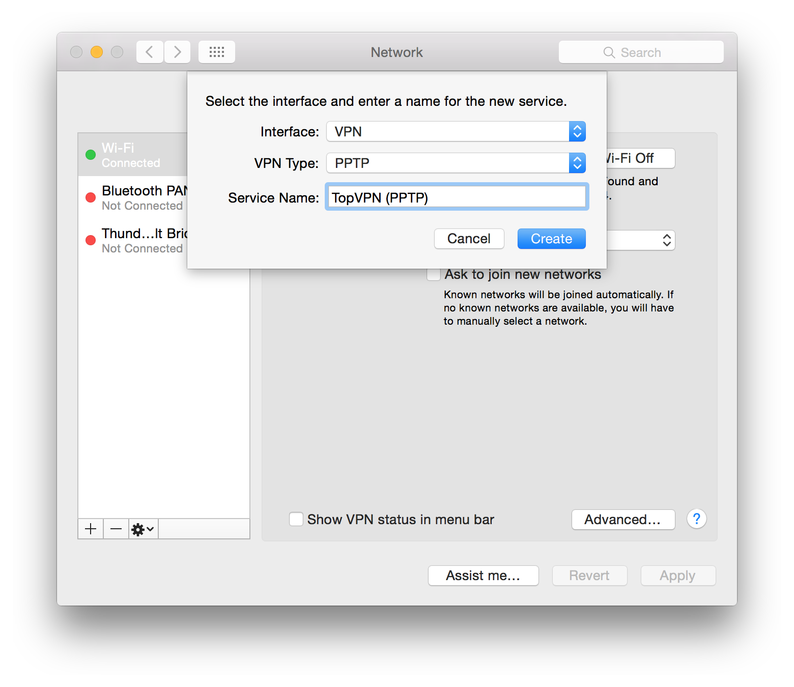 Next, set the Service Name to TopVPN and click Create (see below).