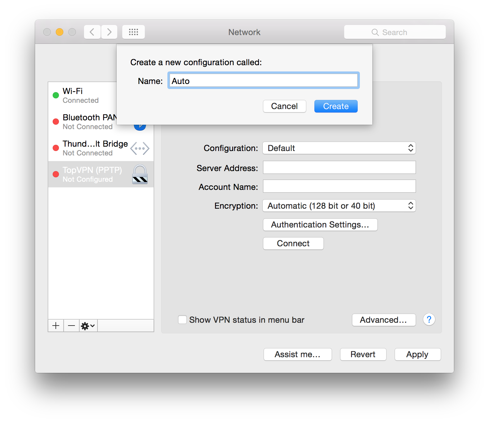 In the next window, enter TopVPN for the configuration name. Then click Create.