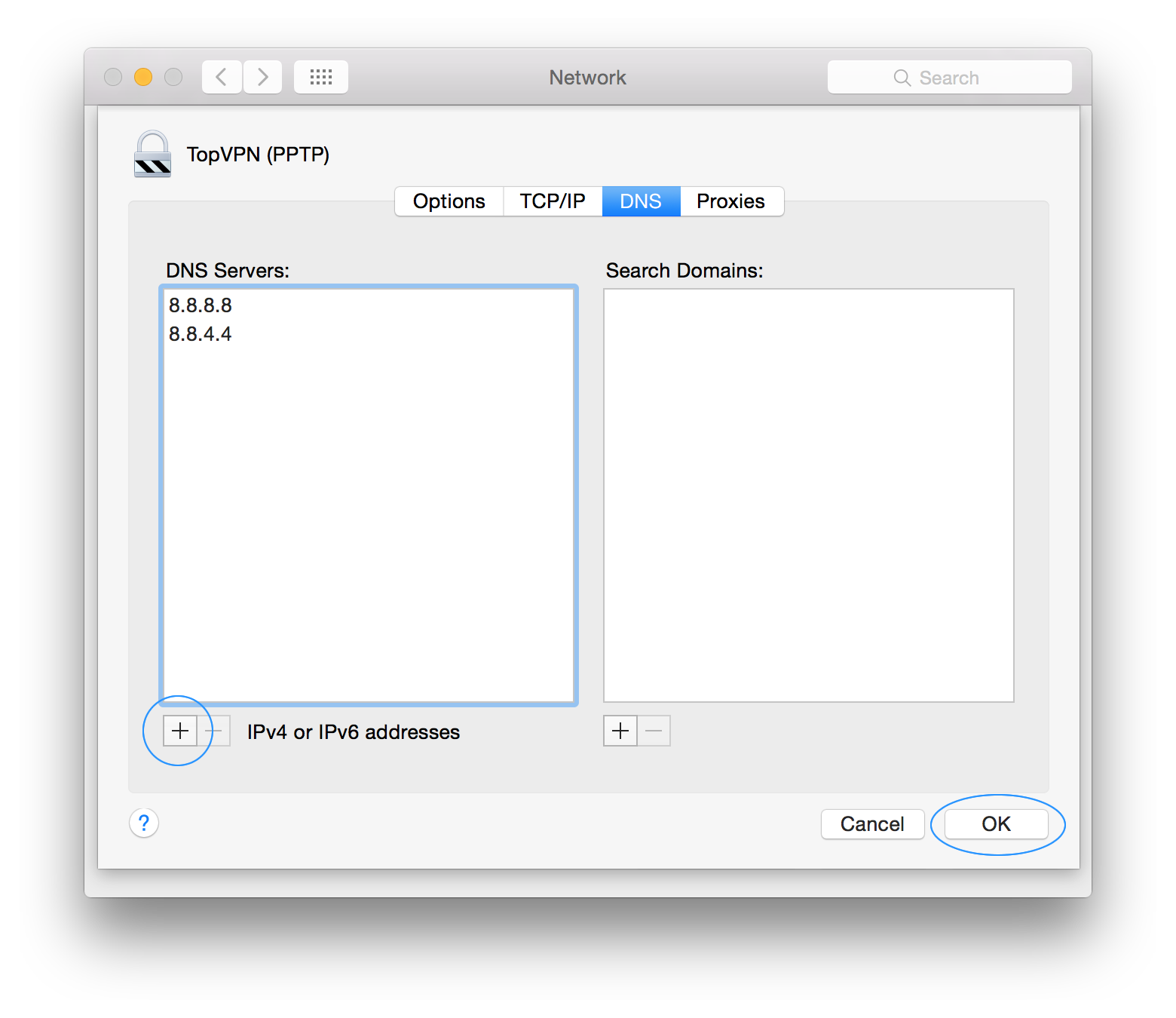 Click on the + in the bottom left corner and add the folowing DNS servers 8.8.8.8 and 8.8.4.4 this will bypass any DNS blockades from your ISP. After adding them click OK