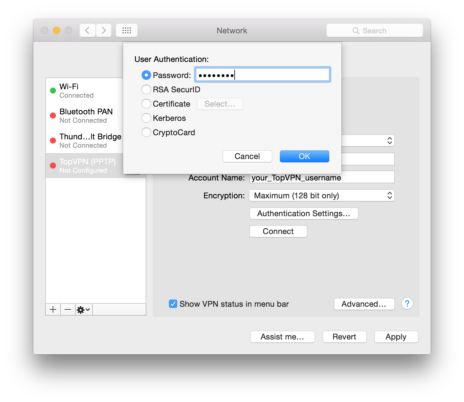 In this window tick the Password field and enter your TopVPN account password and click OK