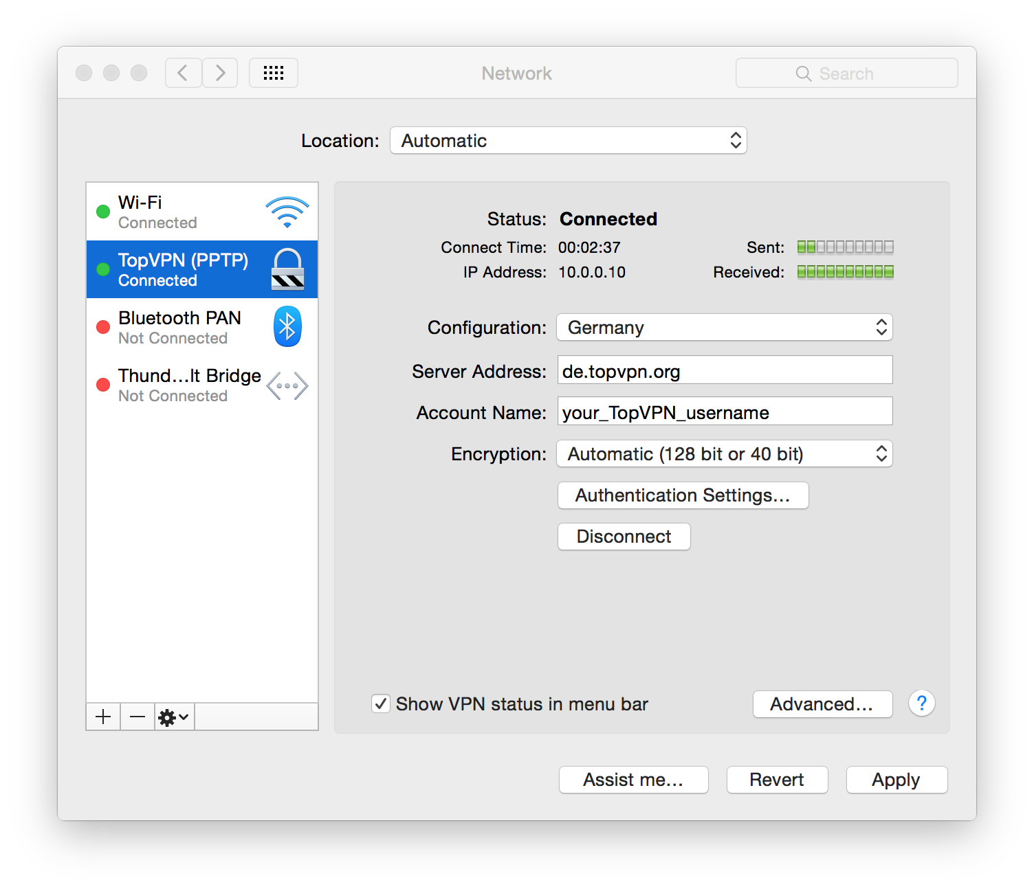 When you establish successuful connection with our servers, all your network traffic will be routed trough our VPN service and green status bars will go up and down as you make some network traffic.