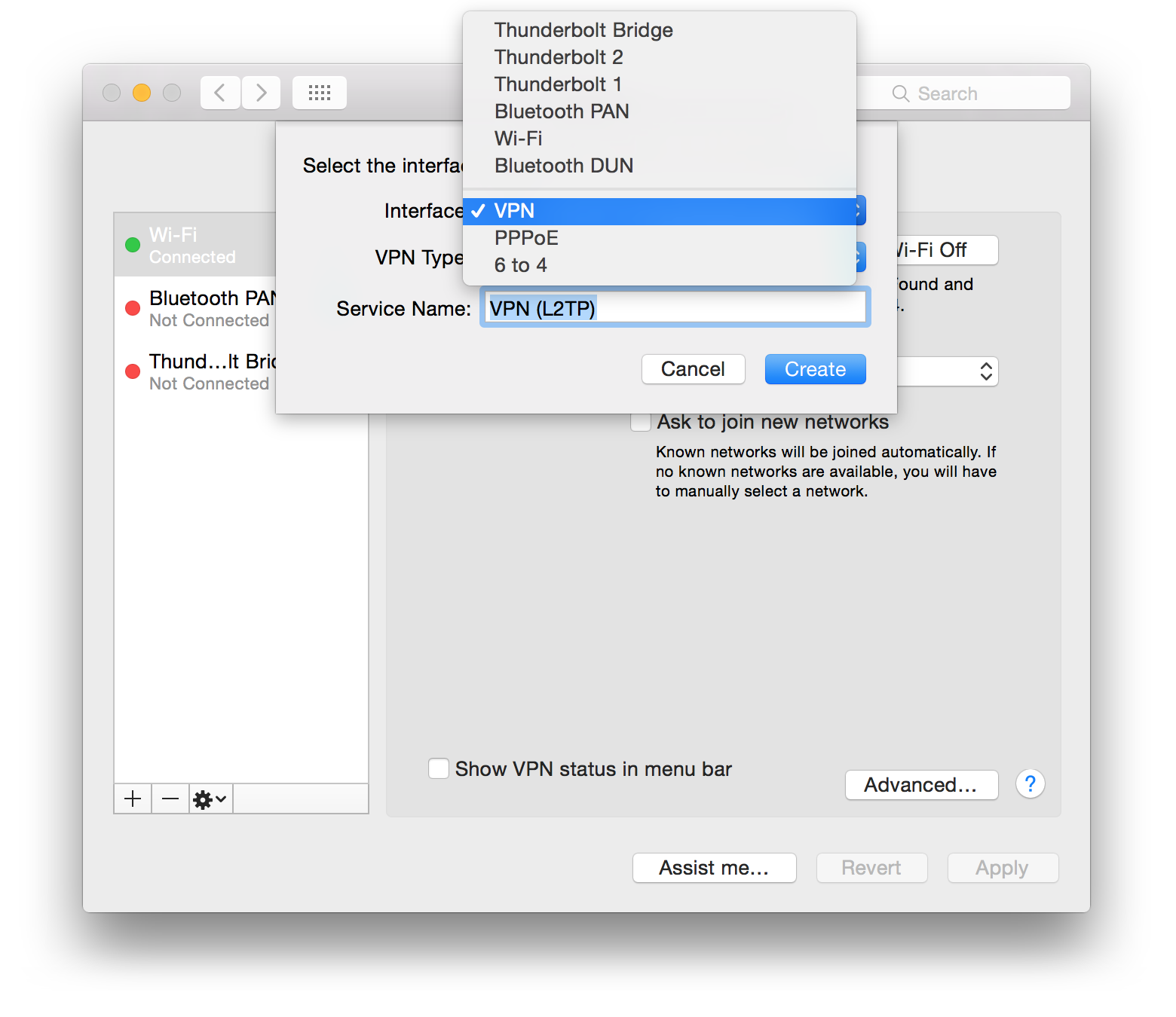 In the next window click on the Interface popup menu to see the list of choices and select VPN from the list